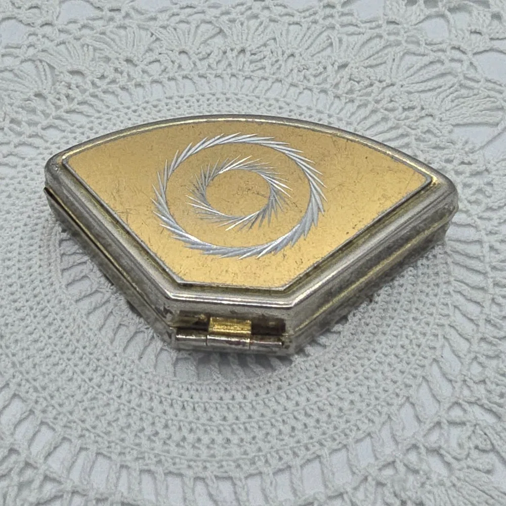 Vintage Pill Box Hong Kong Mixed Metals Gold Tone Sunburst Triangular Compact